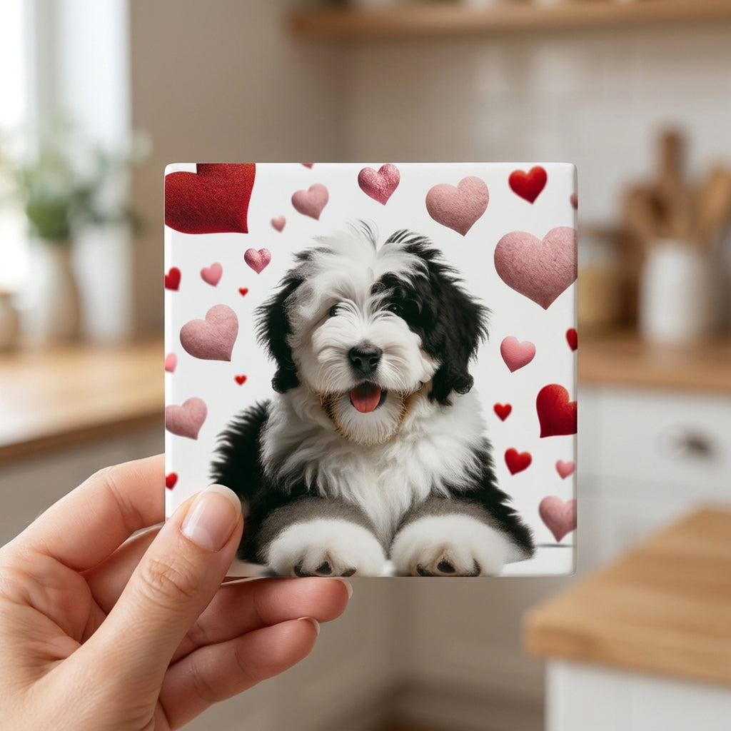 Old English Sheepdog ceramic coasters set of 4, in hand