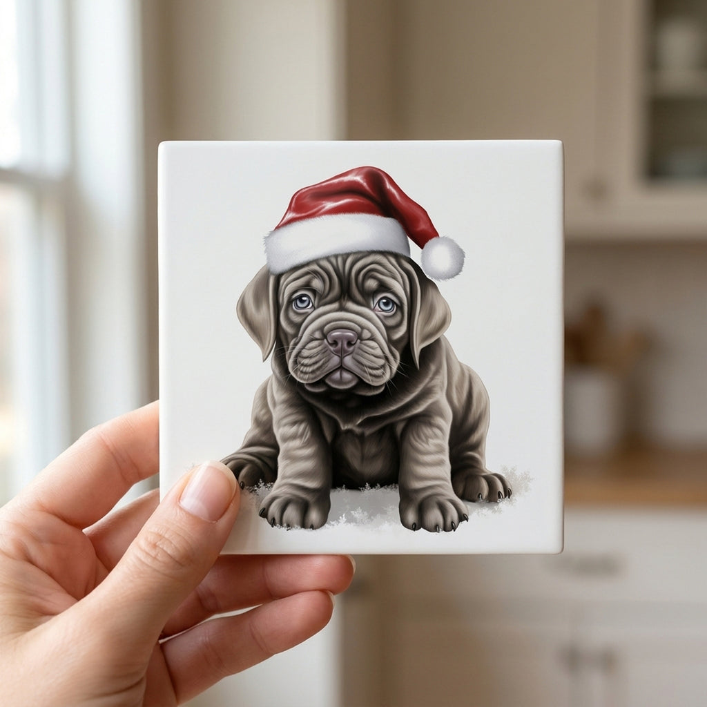 Neapolitan Mastiff Puppy Drawing ceramic coasters set of 4, in hand