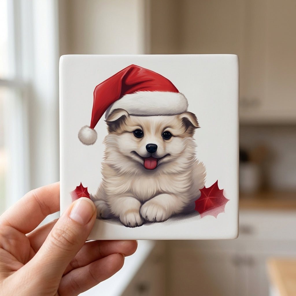 Komondorok Puppy Drawing ceramic coasters set of 4, in hand