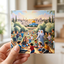 Jerusalem Peace Garden ceramic coasters set of 4, in hand