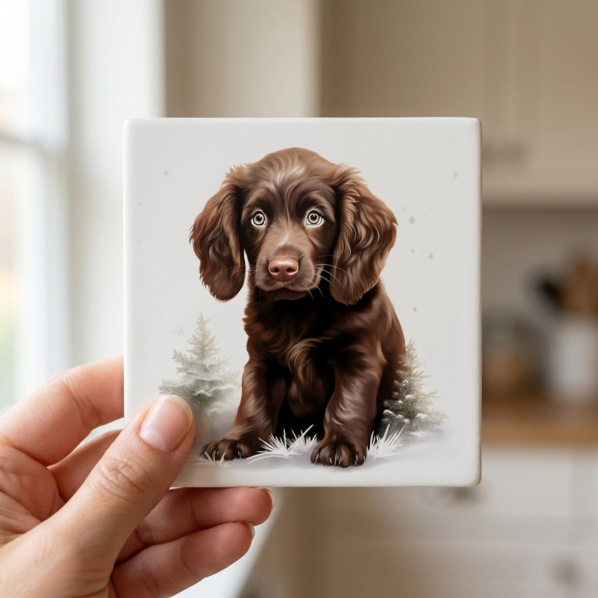 Boykin Spaniel Puppy Drawing ceramic coasters set of 4, in hand