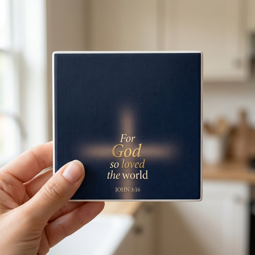 John 3:16 ceramic coasters set of 4, in hand