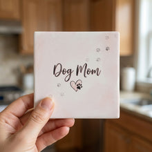 Dog Mom Heart Paw ceramic coasters set of 4, in hand