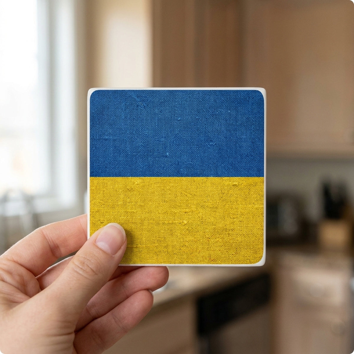 Ukraine Flag Pride ceramic coasters set of 4, in hand
