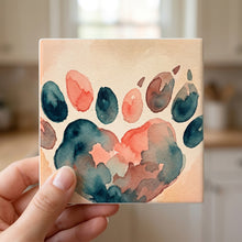 Watercolor Paw Heart ceramic coasters set of 4, in hand