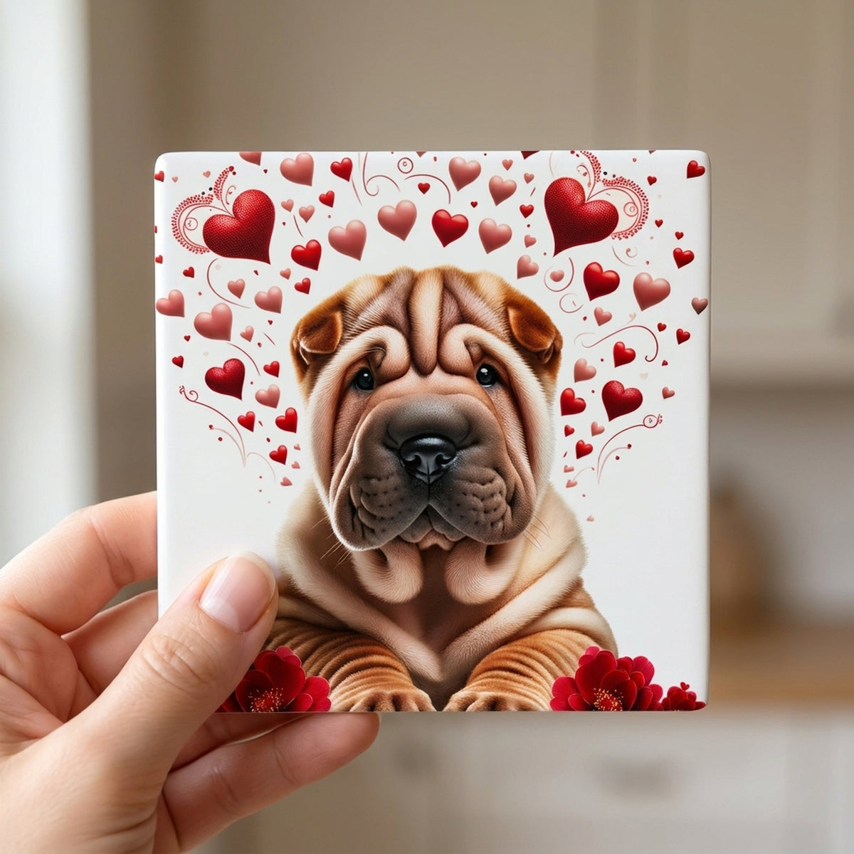 Chinese Shar-Pei ceramic coasters set of 4, in hand