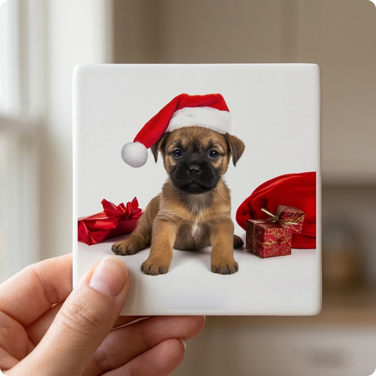Border Terrier Puppy ceramic coasters set of 4, in hand