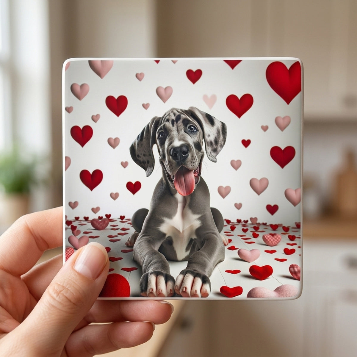 Great Dane ceramic coasters set of 4, in hand