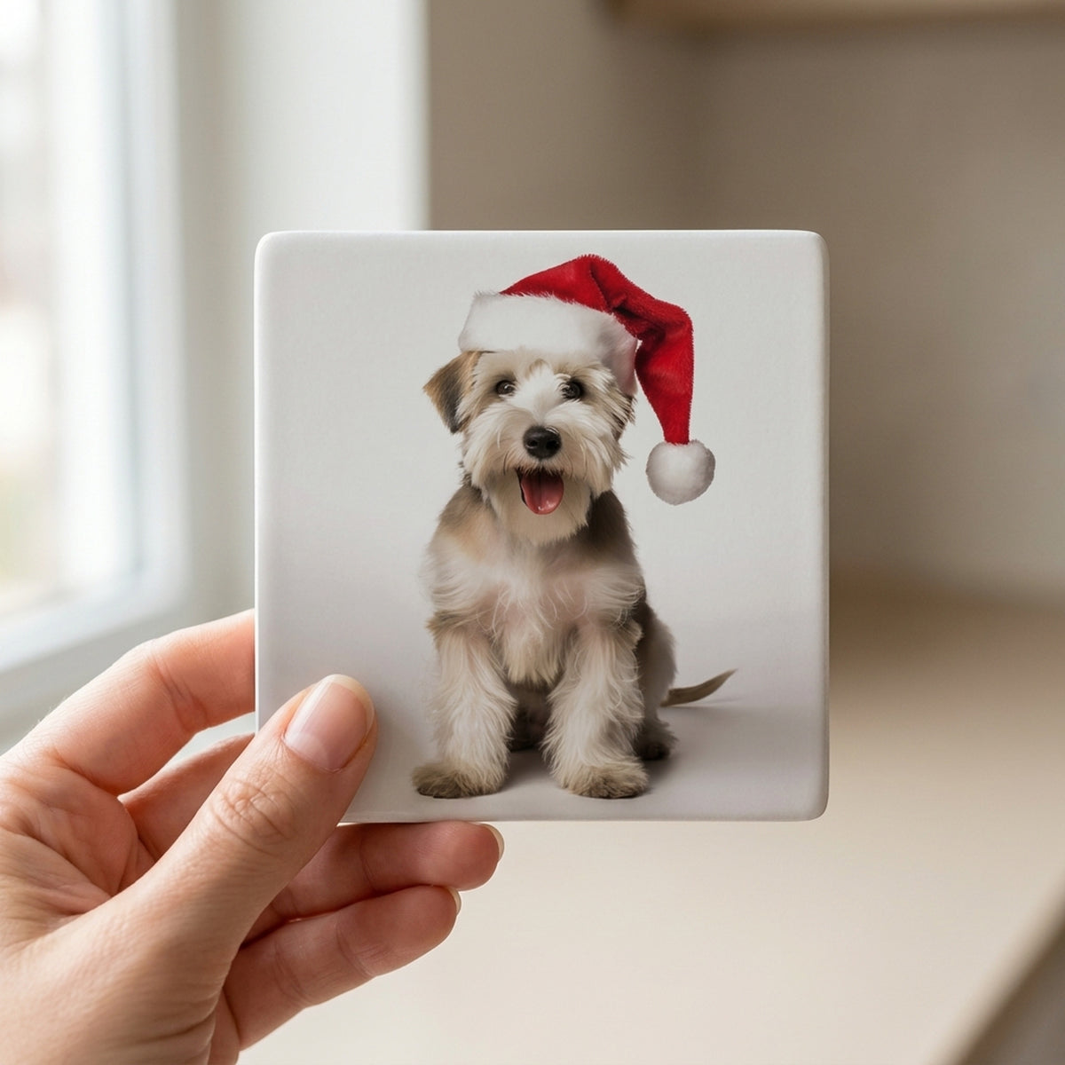 Sealyham Terrier ceramic coasters set of 4, in hand