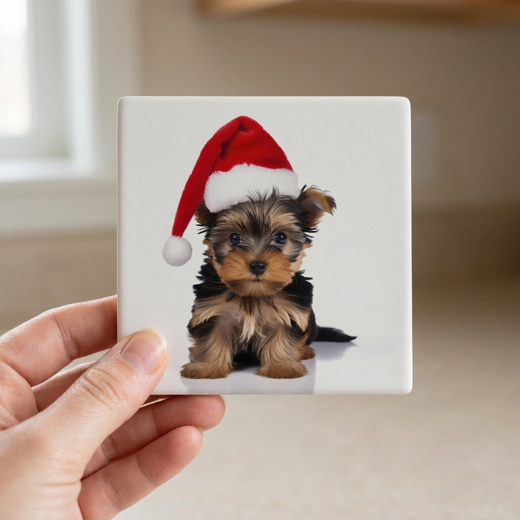 Yorkshire Terrier Puppy ceramic coasters set of 4, in hand