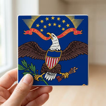 North Dakota State Flag ceramic coasters set of 4, in hand