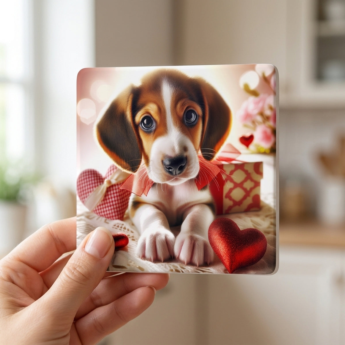 Beagle ceramic coasters set of 4, in hand