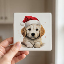 Great Pyrenees Puppy Drawing ceramic coasters set of 4, in hand
