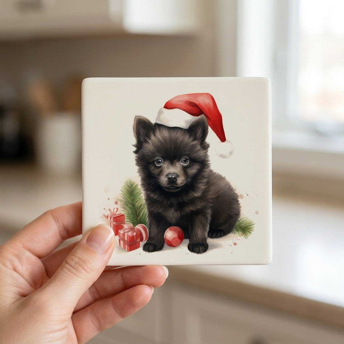 Schipperke Puppy Drawing ceramic coasters set of 4, in hand