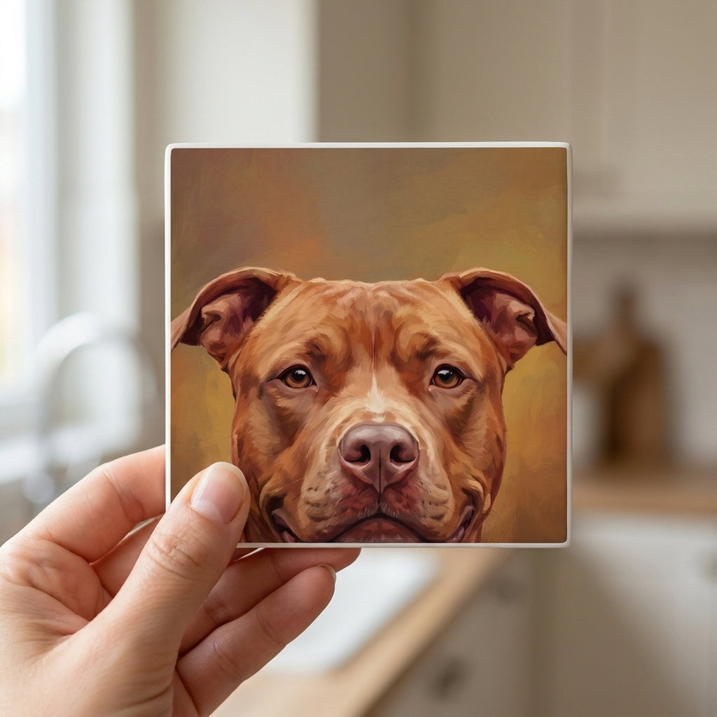 Pit Bull Portrait ceramic coasters set of 4, in hand