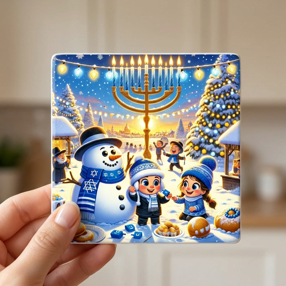 Hanukkah Winter Wonderland ceramic coasters set of 4, in hand