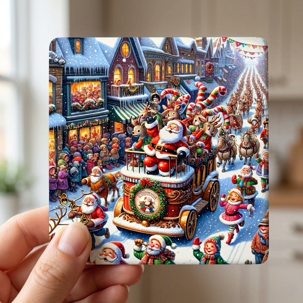 Vintage Santa Parade ceramic coasters set of 4, in hand