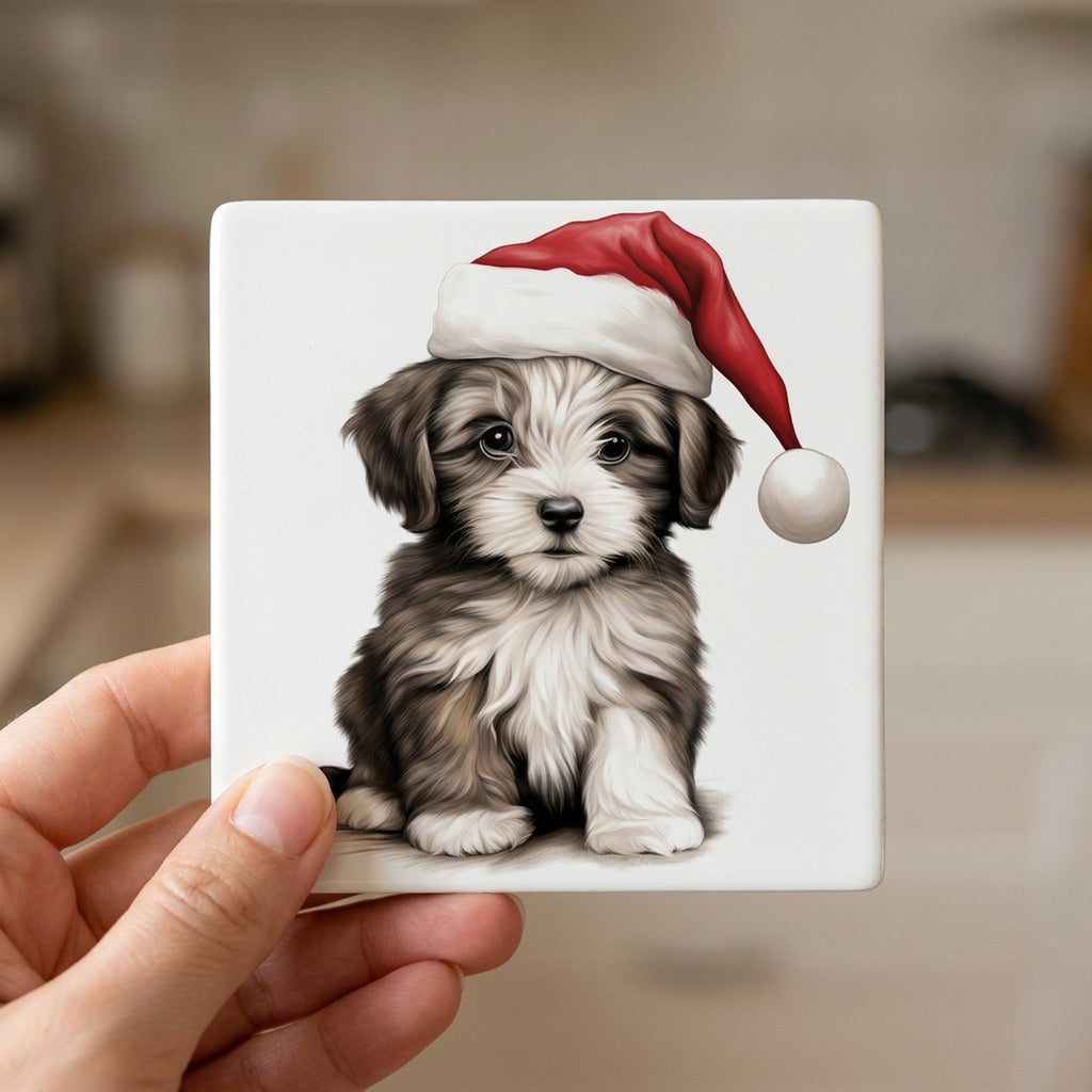 Havanese Puppy Drawing ceramic coasters set of 4, in hand
