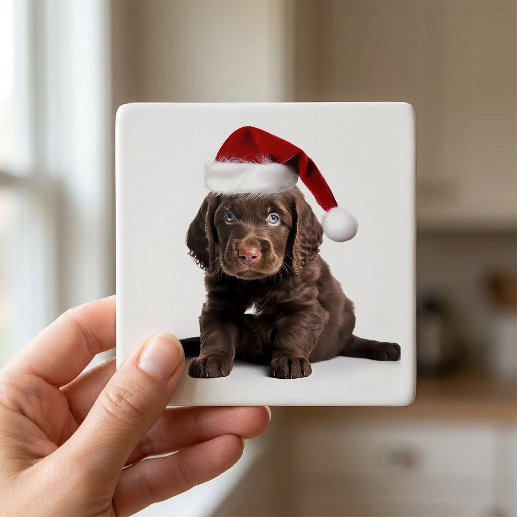 American Water Spaniel Puppy ceramic coasters set of 4, in hand