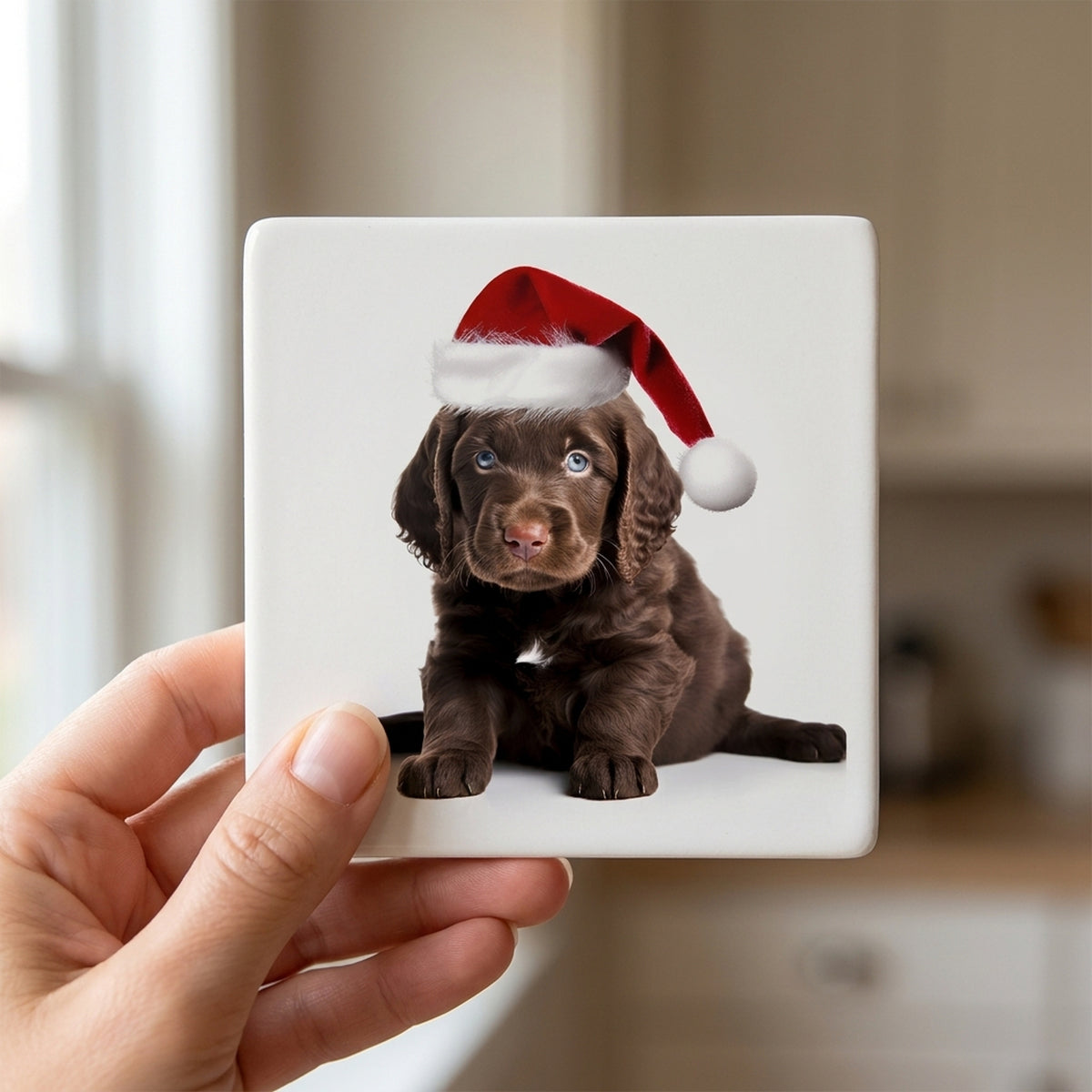 American Water Spaniel Puppy ceramic coasters set of 4, in hand