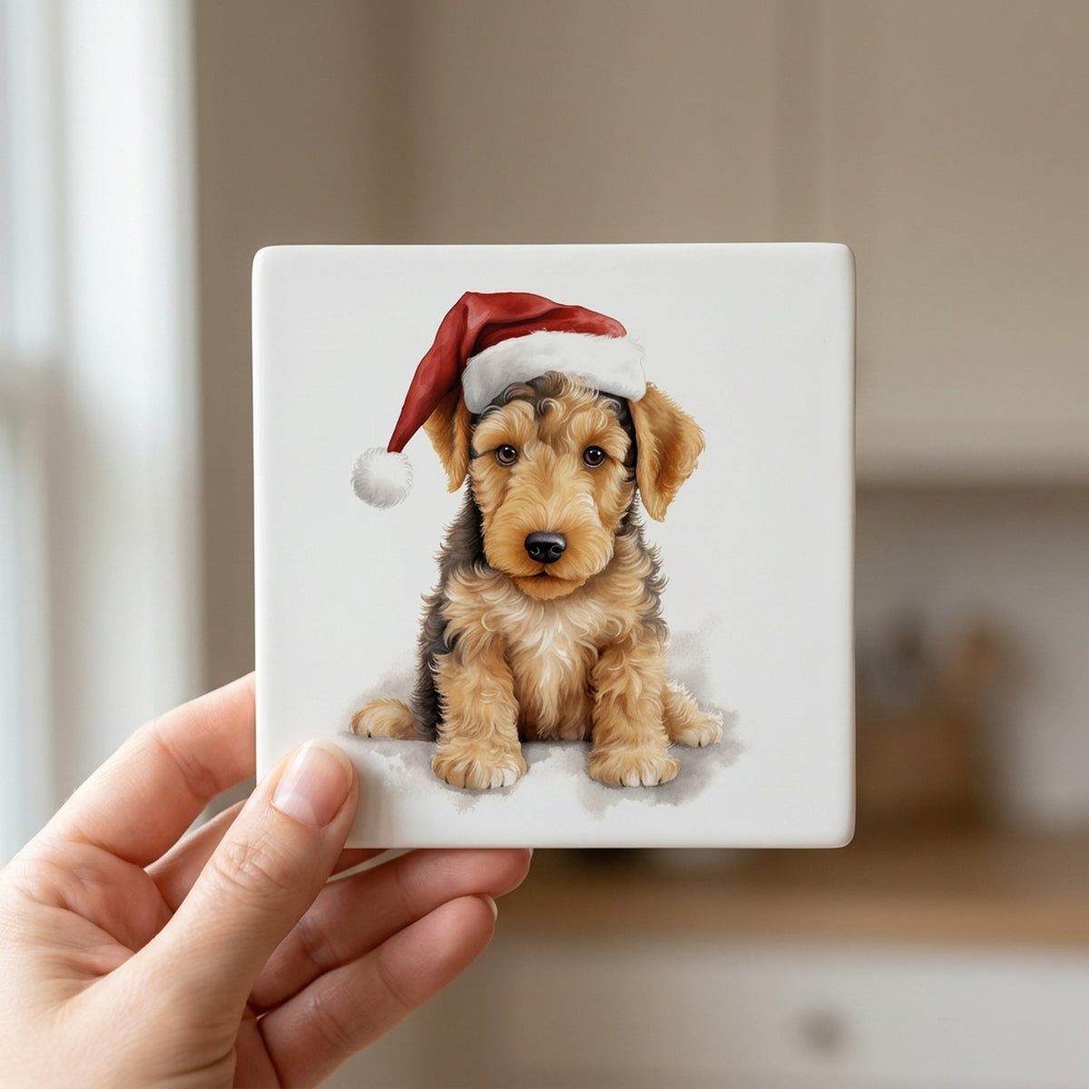 Airedale Terrier Puppy Drawing ceramic coasters set of 4, in hand