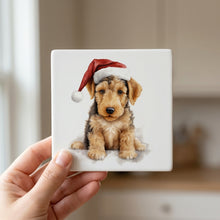 Airedale Terrier Puppy Drawing ceramic coasters set of 4, in hand