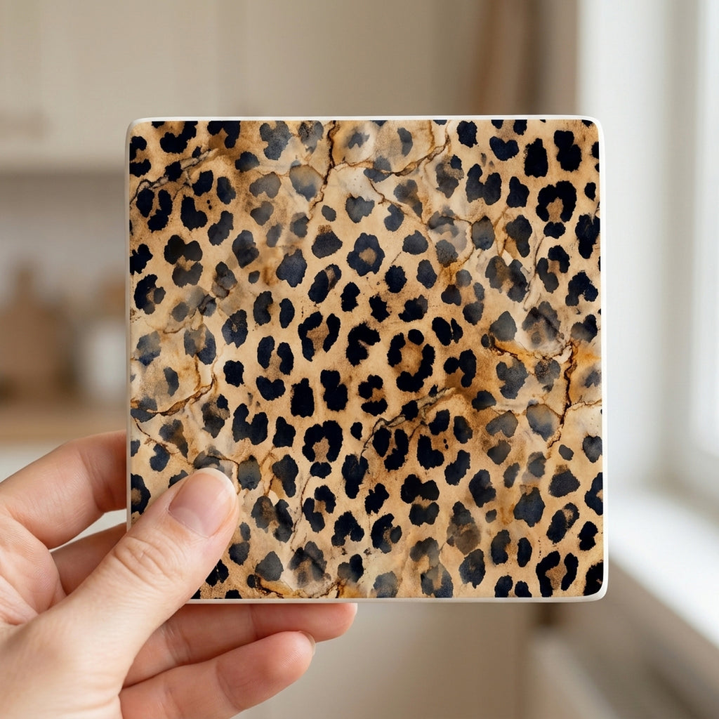 Cheetah Print ceramic coasters set of 4, in hand