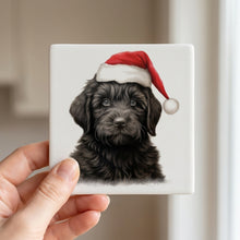 Black Russian Terrier Puppy Drawing ceramic coasters set of 4, in hand