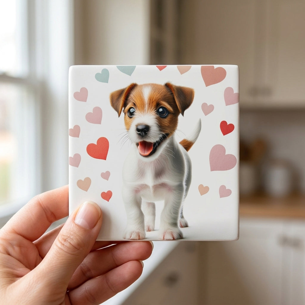 Jack Russell Terrier ceramic coasters set of 4, in hand