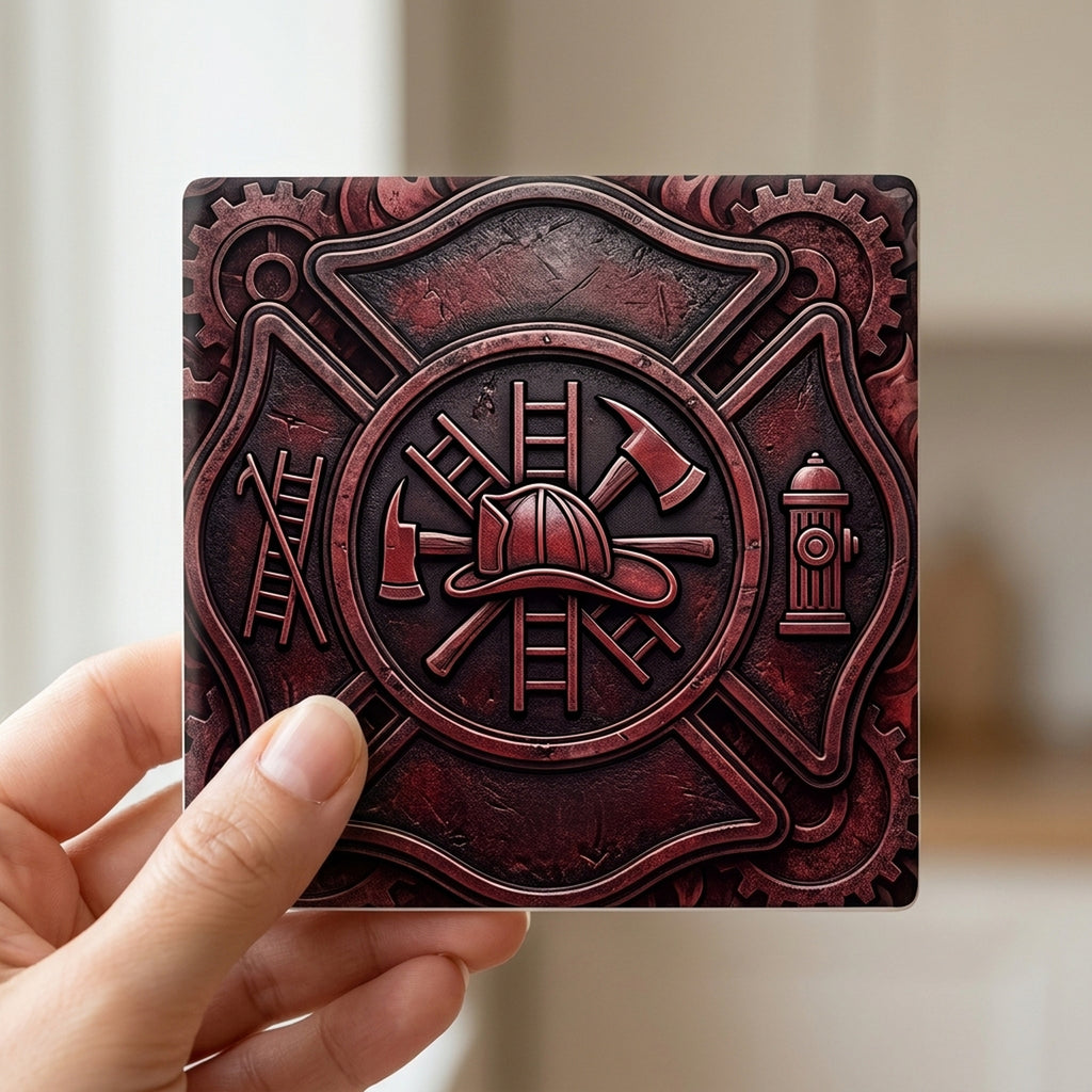 Firefighter Maltese ceramic coasters set of 4, in hand