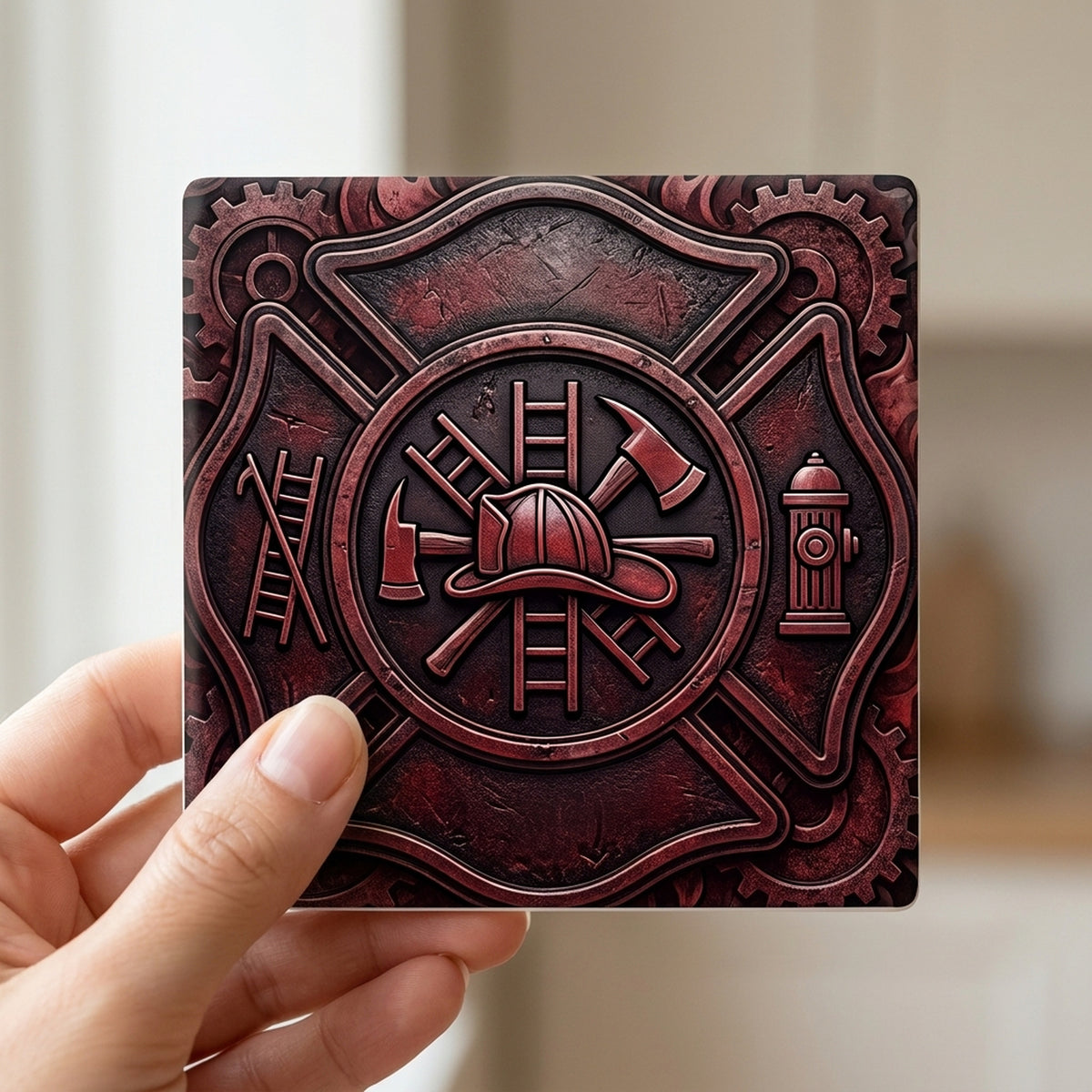 Firefighter Maltese ceramic coasters set of 4, in hand