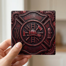 Firefighter Maltese ceramic coasters set of 4, in hand