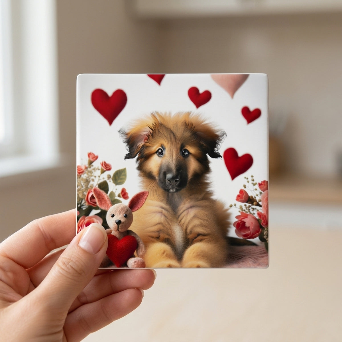 German Shepherd Dog ceramic coasters set of 4, in hand