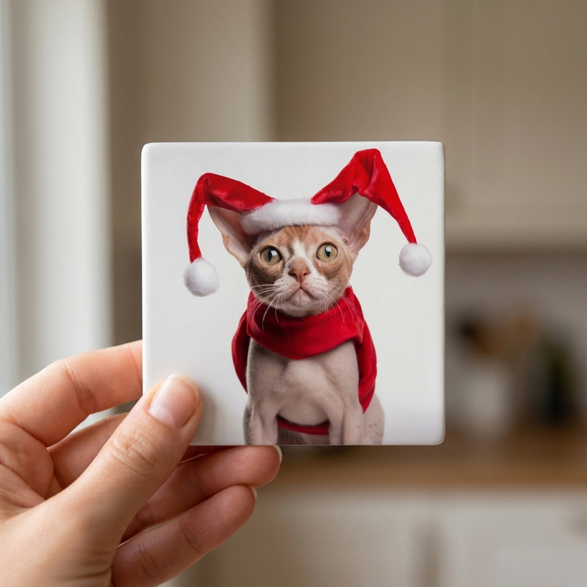 Devon Rex Cat ceramic coasters set of 4, in hand