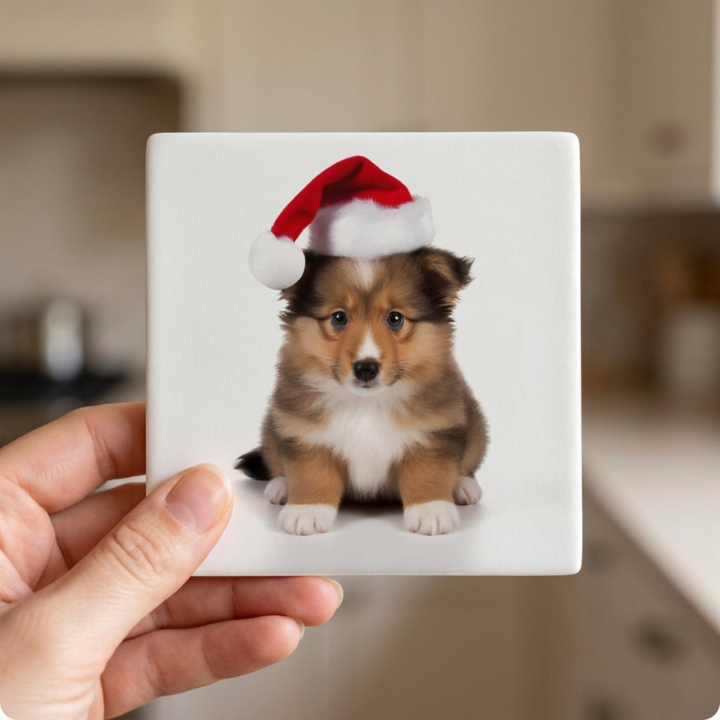 Shetland Sheepdog Puppy ceramic coasters set of 4, in hand