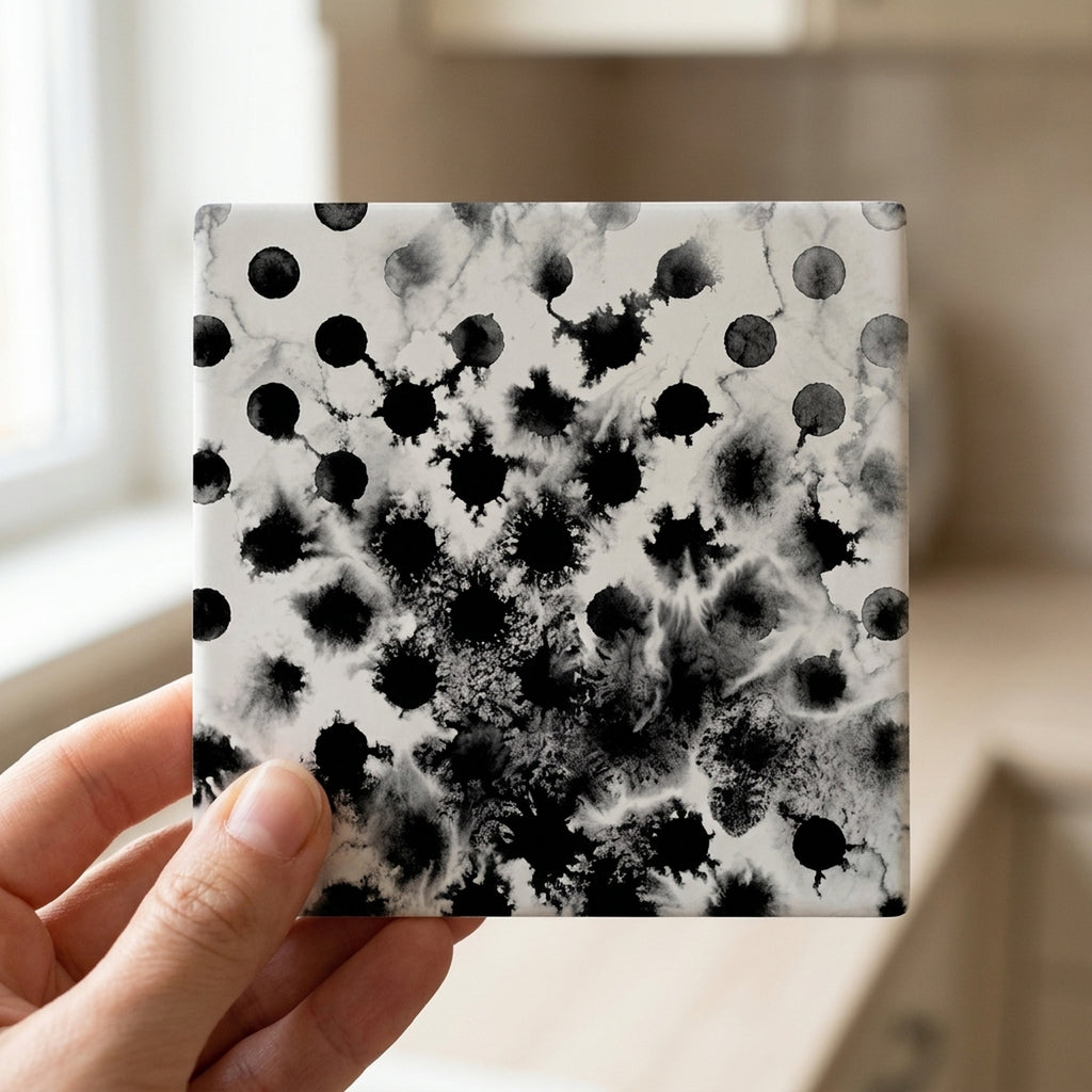 Polka Dot ceramic coasters set of 4, in hand