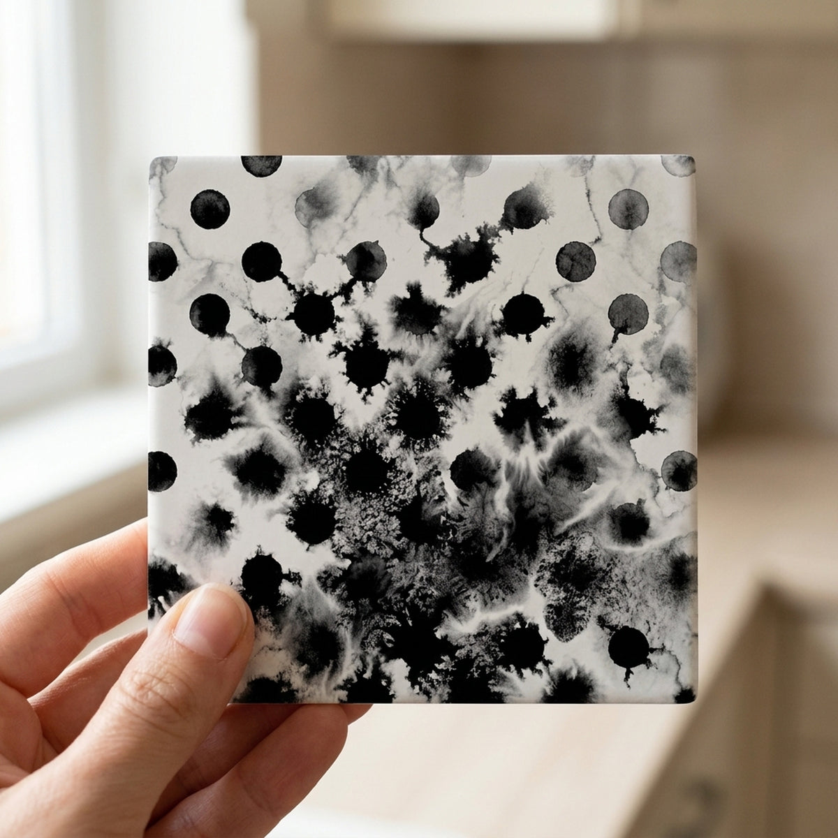 Polka Dot ceramic coasters set of 4, in hand