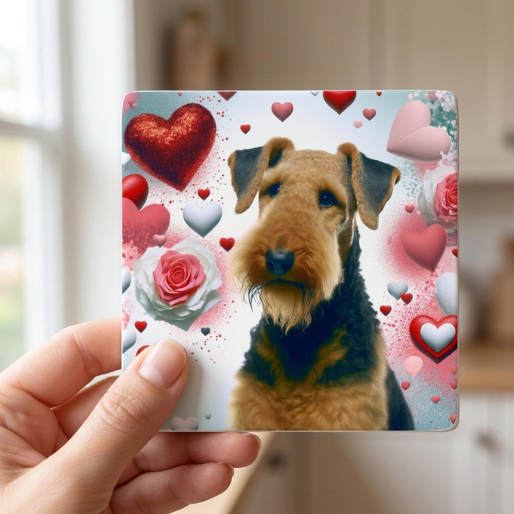 Airedale Terrier ceramic coasters set of 4, in hand