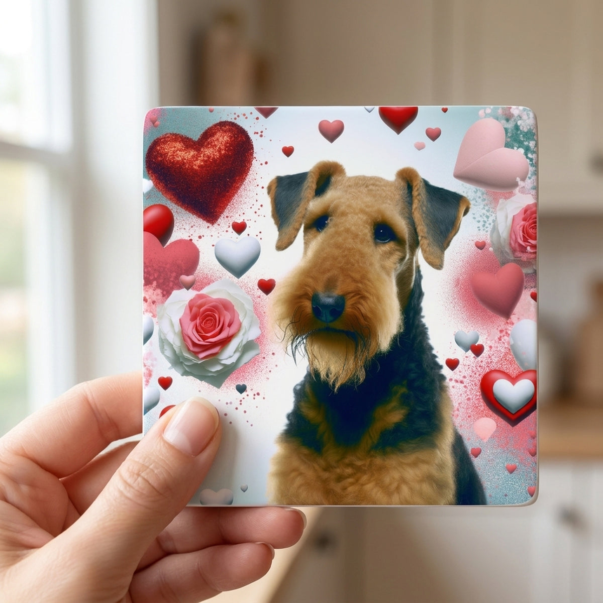 Airedale Terrier ceramic coasters set of 4, in hand