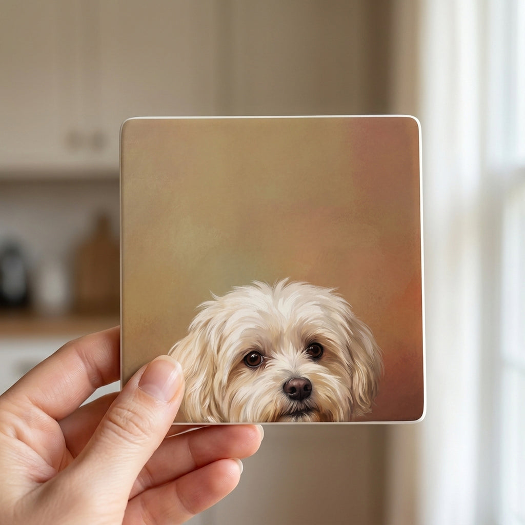 Maltese Portrait ceramic coasters set of 4, in hand