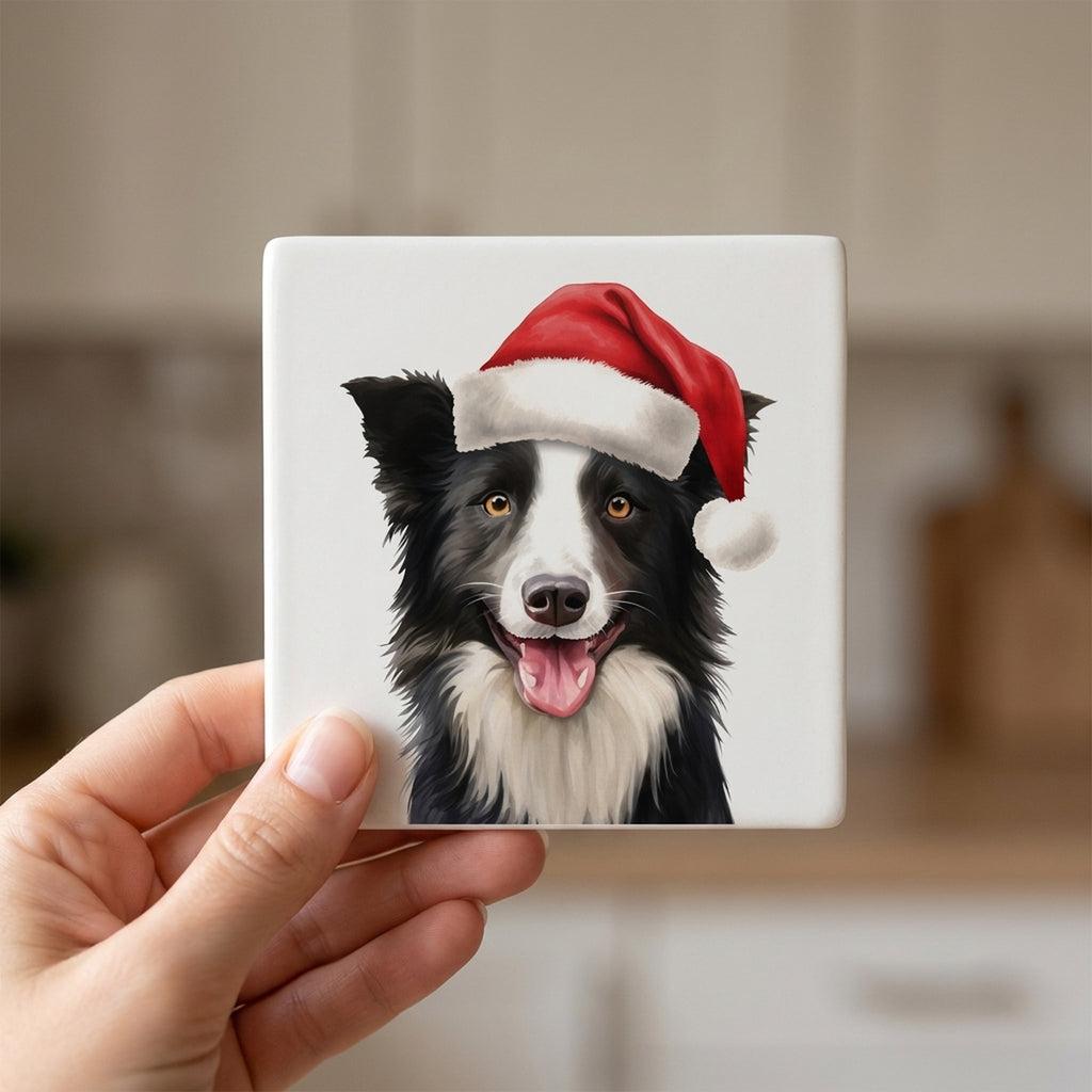 Border Collie ceramic coasters set of 4, in hand