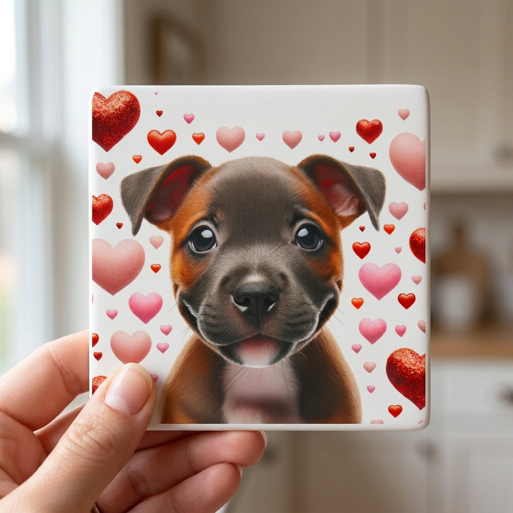 American Staffordshire Terrier ceramic coasters set of 4, in hand