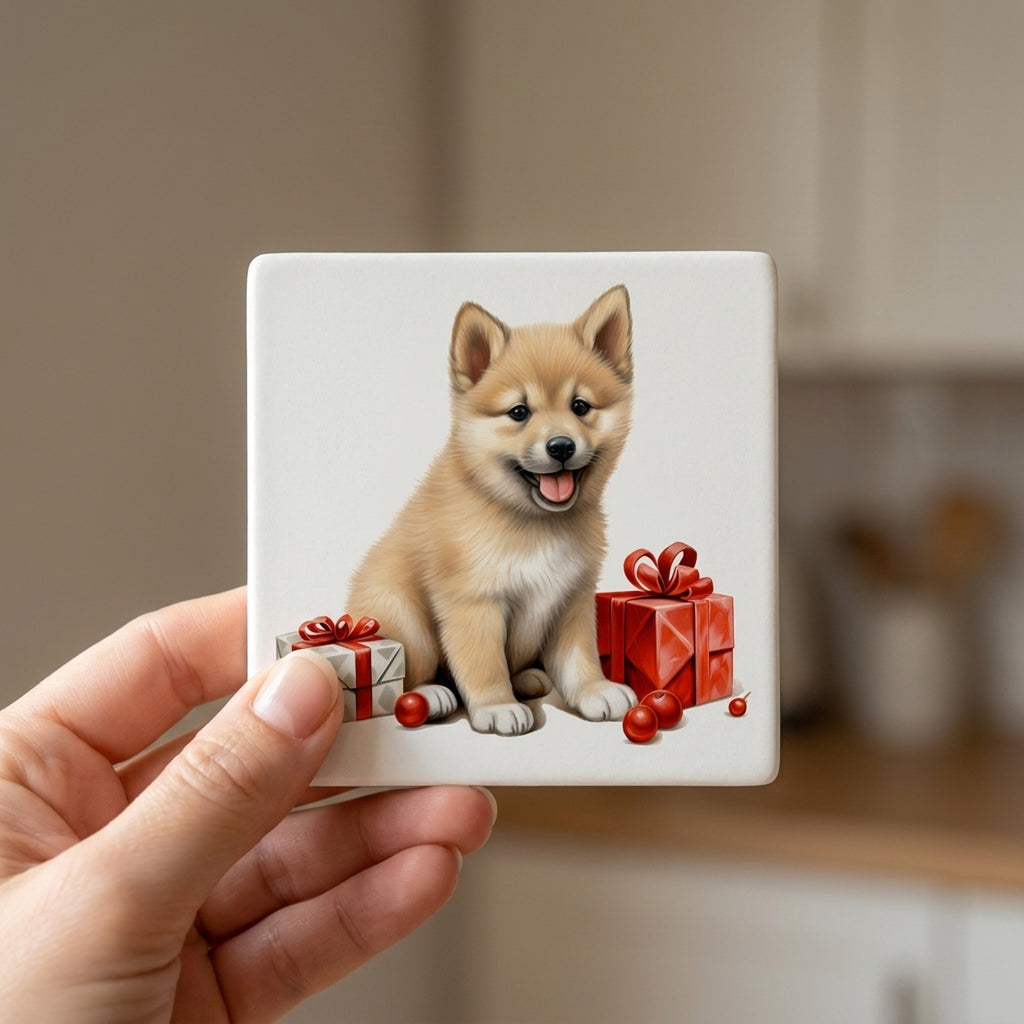 Norwegian Buhund Puppy Drawing ceramic coasters set of 4, in hand