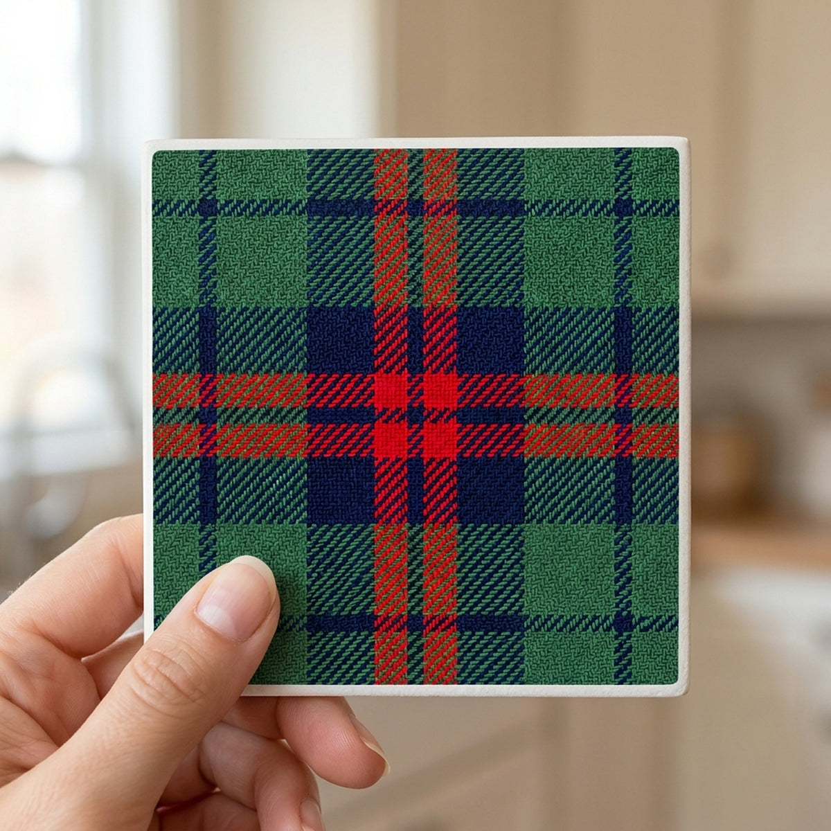 Tartan Plaid ceramic coasters set of 4, in hand