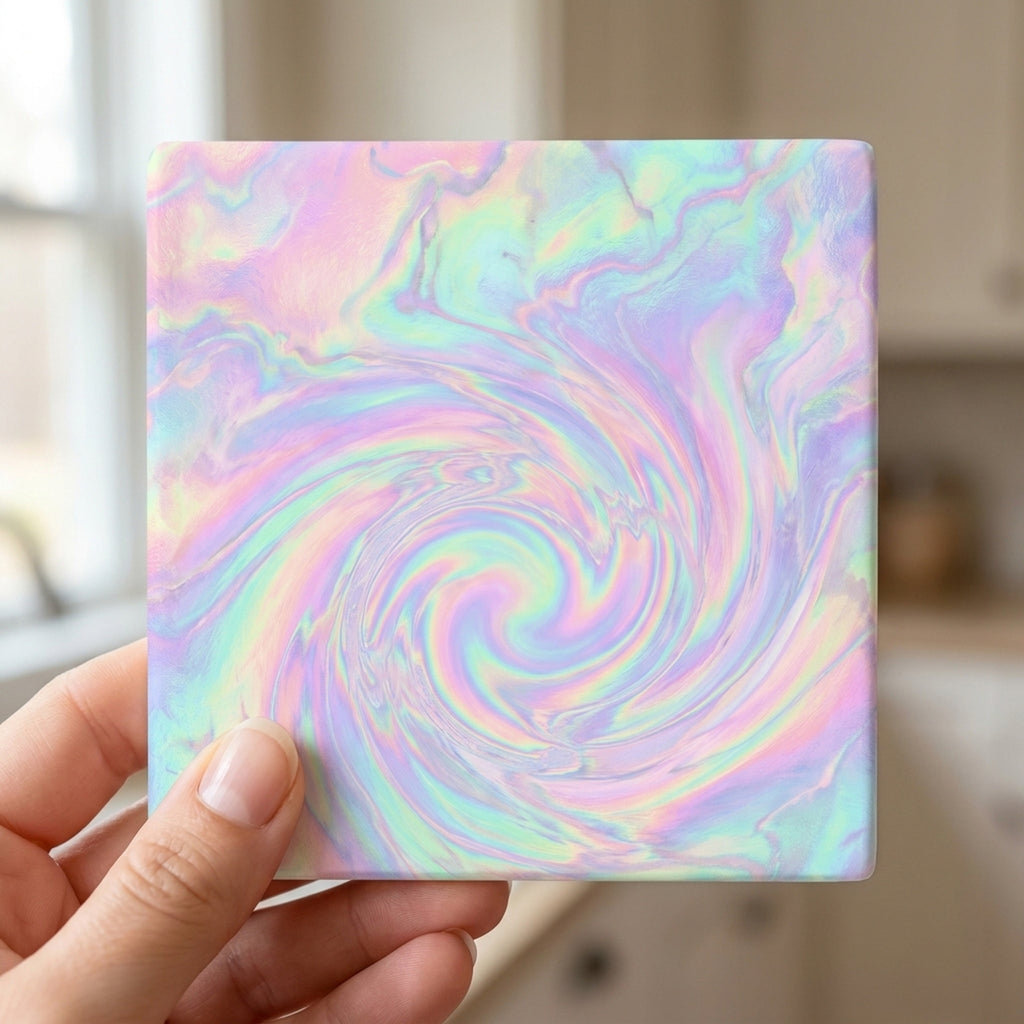 Holographic Iridescent ceramic coasters set of 4, in hand