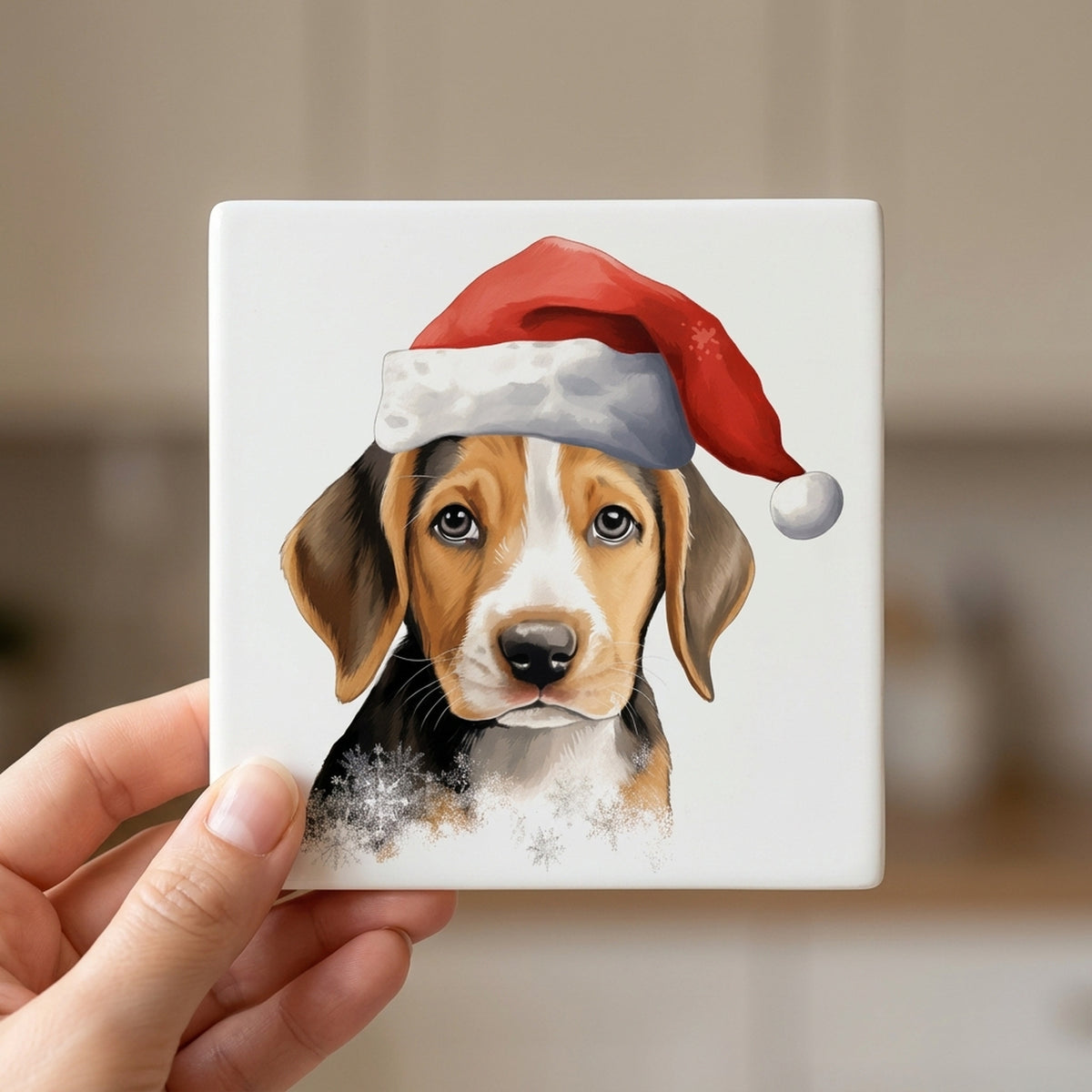 American Foxhound Puppy Drawing ceramic coasters set of 4, in hand