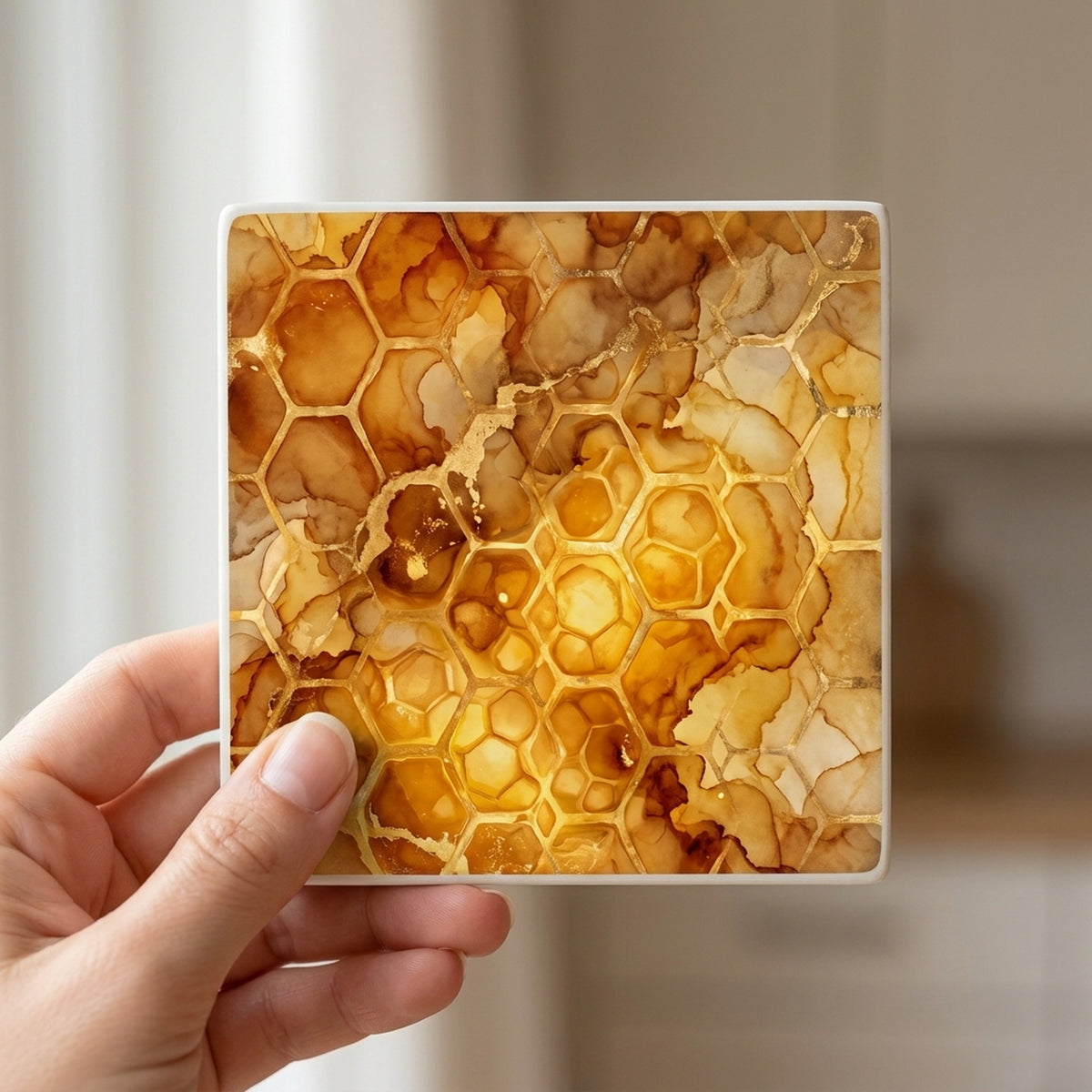 Honeycomb Hexagon ceramic coasters set of 4, in hand