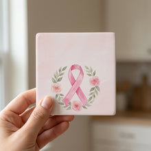 Breast Cancer Ribbon ceramic coasters set of 4, in hand