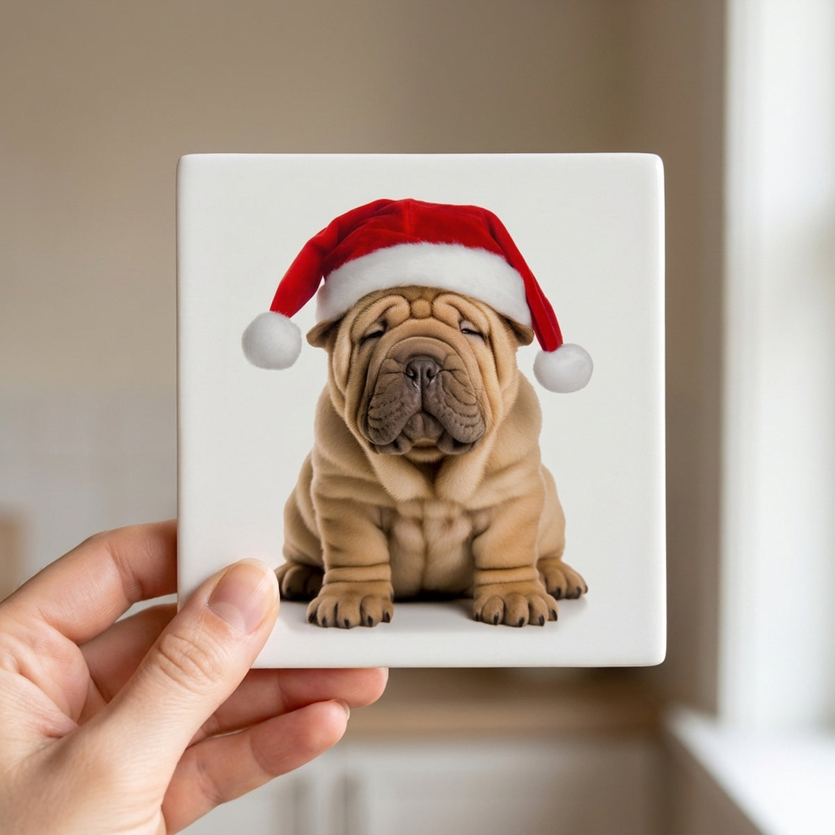 Chinese Shar-Pei ceramic coasters set of 4, in hand