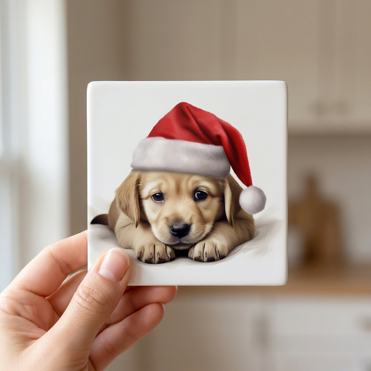 Pulik Puppy ceramic coasters set of 4, in hand
